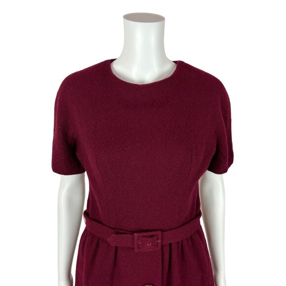 Vintage 60s Wool Dress Women's Medium Cranberry Short Sleeve Mod Sheath - Picture 4 of 11